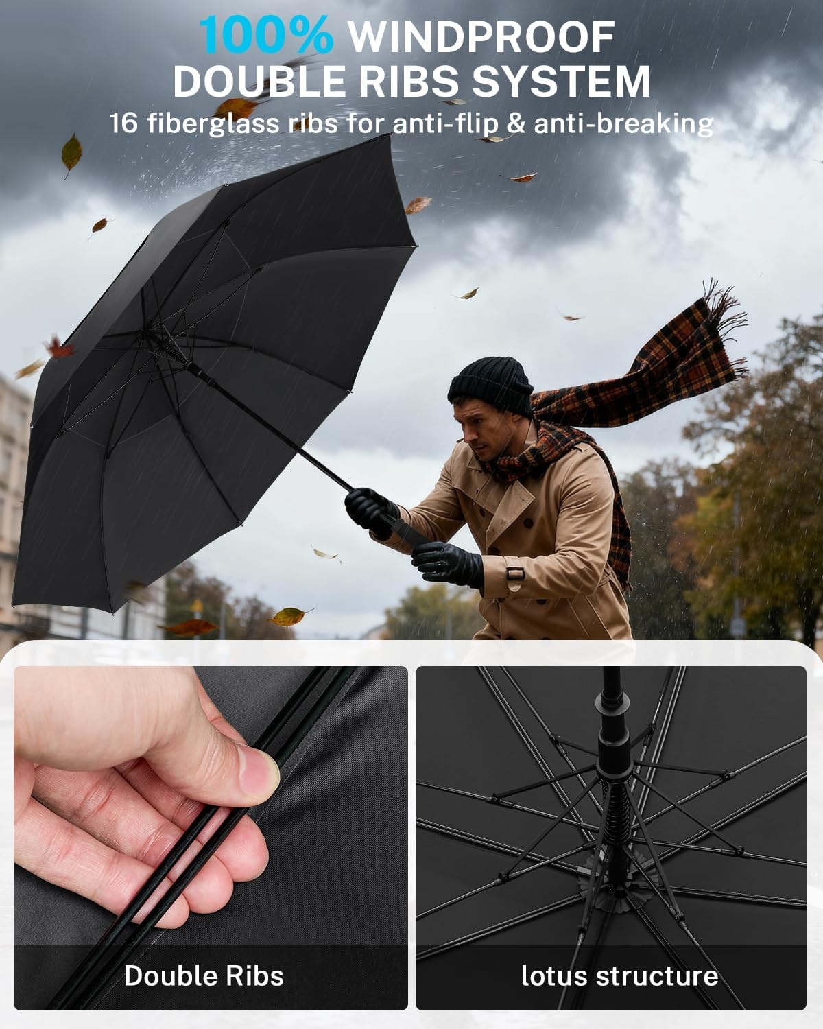 image:imageGonex Windproof Doubleribs Golf Umbrella 6872 inch Auto Open Strong 2x8 Ribs Extra Large Double Vented Canopy Waterproof Rain Umbrella with Comfortable Handle Oversized Sun Umbrella for 24 MenWomen and UV ProtectionBlack