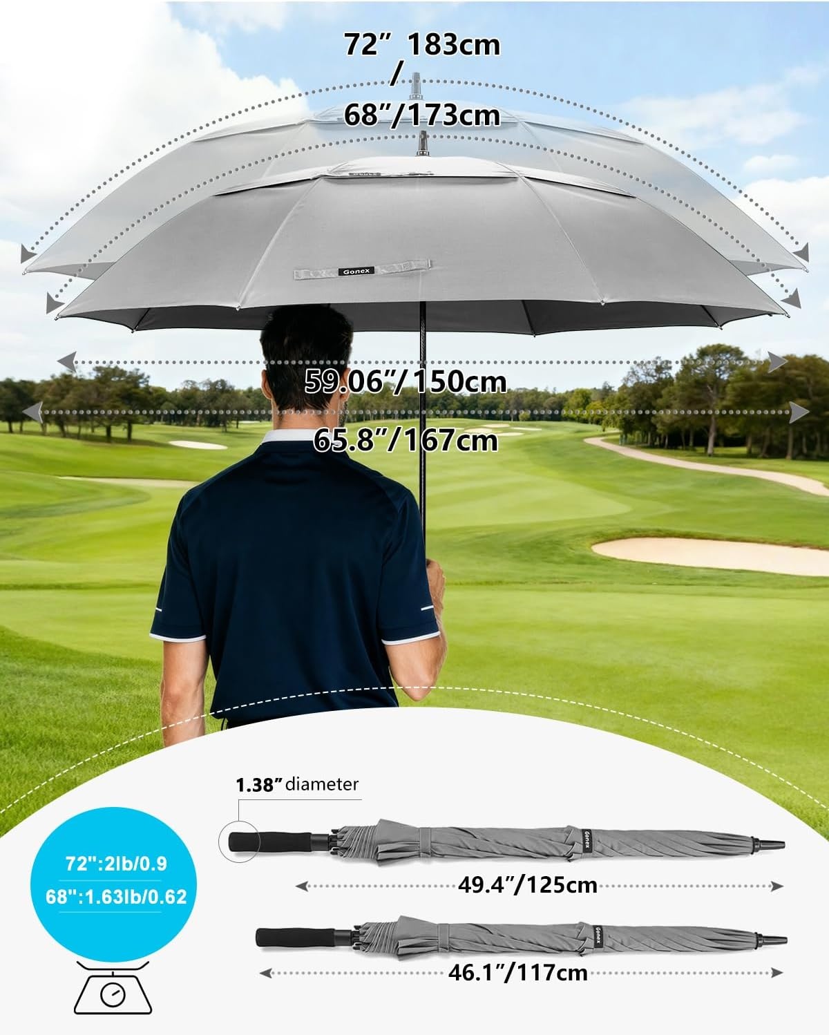 image:imageGonex Windproof Doubleribs Golf Umbrella 6872 inch Auto Open Strong 2x8 Ribs Extra Large Double Vented Canopy Waterproof Rain Umbrella with Comfortable Handle Oversized Sun Umbrella for 24 MenWomen and UV ProtectionGrey