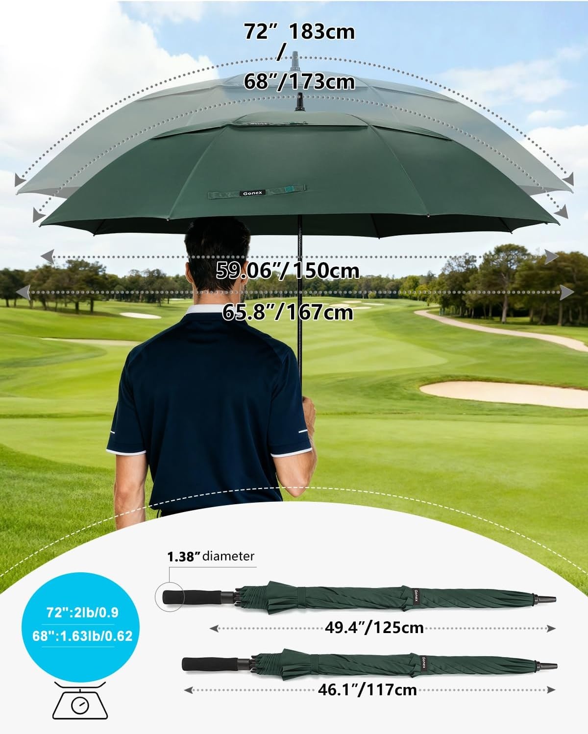 image:imageGonex Windproof Doubleribs Golf Umbrella 6872 inch Auto Open Strong 2x8 Ribs Extra Large Double Vented Canopy Waterproof Rain Umbrella with Comfortable Handle Oversized Sun Umbrella for 24 MenWomen and UV ProtectionDark Green